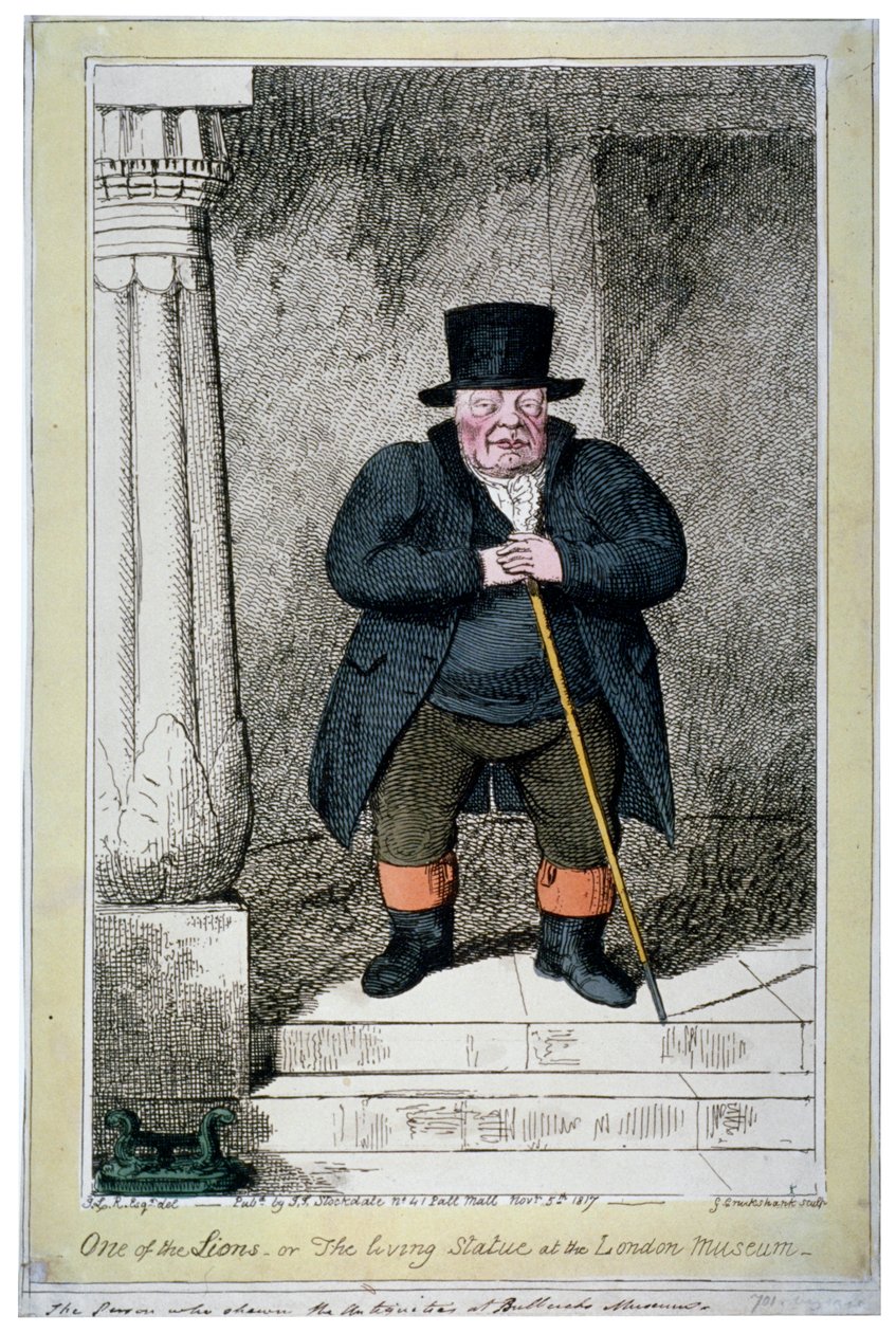 „Az oroszlánok egyike – avagy a Londoni Múzeum élő szobra”, 1817 alkotó: George Cruikshank