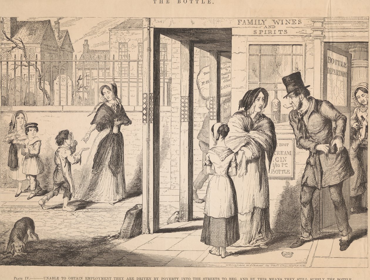 IV. ábra: Mivel nem tudnak munkát találni, a szegénység az utcára kényszeríti őket, hogy kolduljanak alkotó: George Cruikshank