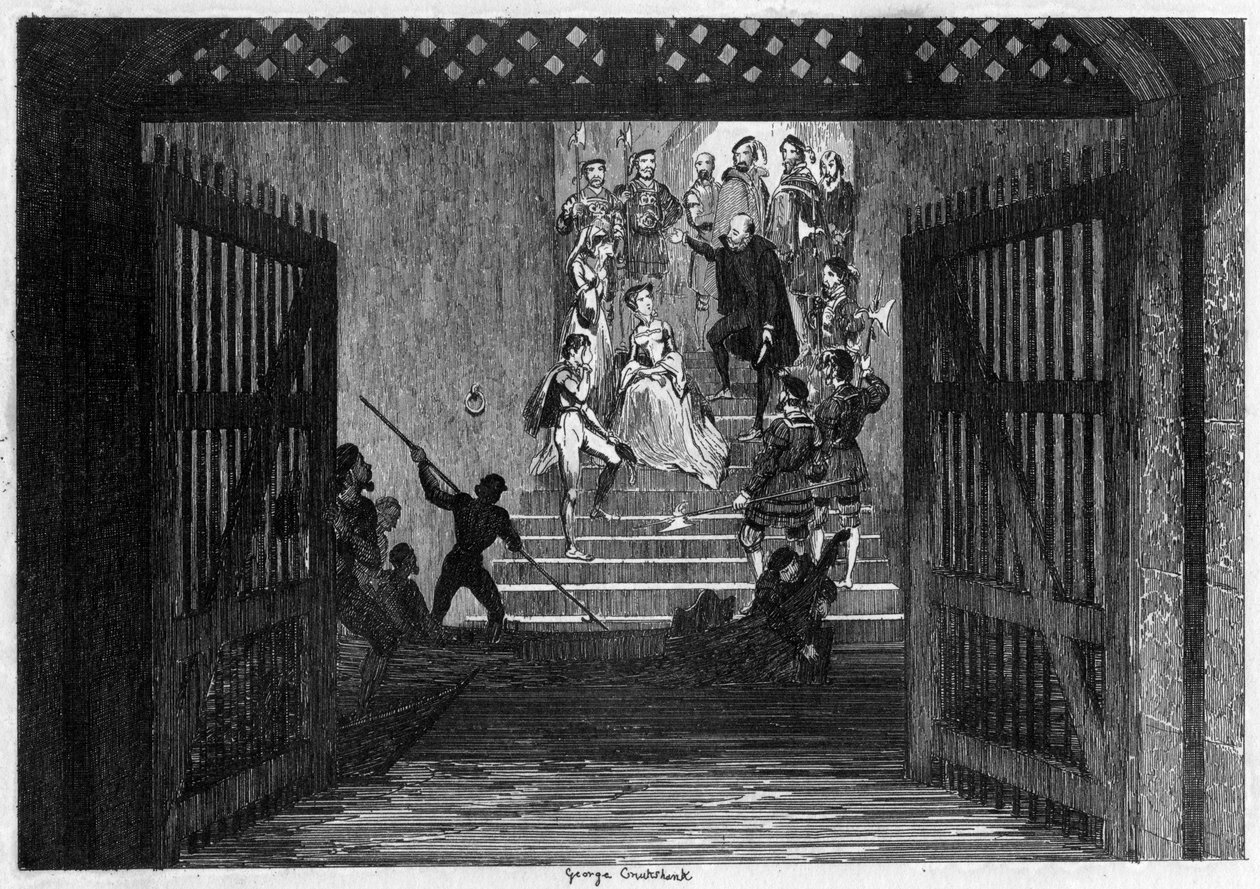 Erzsébet hercegnőt foglyul hozták a londoni Towerbe, 1554 1840. alkotó: George Cruikshank
