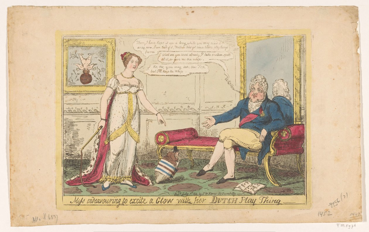 Charlotte hercegnő holland pörgőjével játszott, 1814 Kisasszony arra törekszik, hogy egy Glow-t izgasson holland játékszerével (cím a tárgyon) alkotó: George Cruikshank