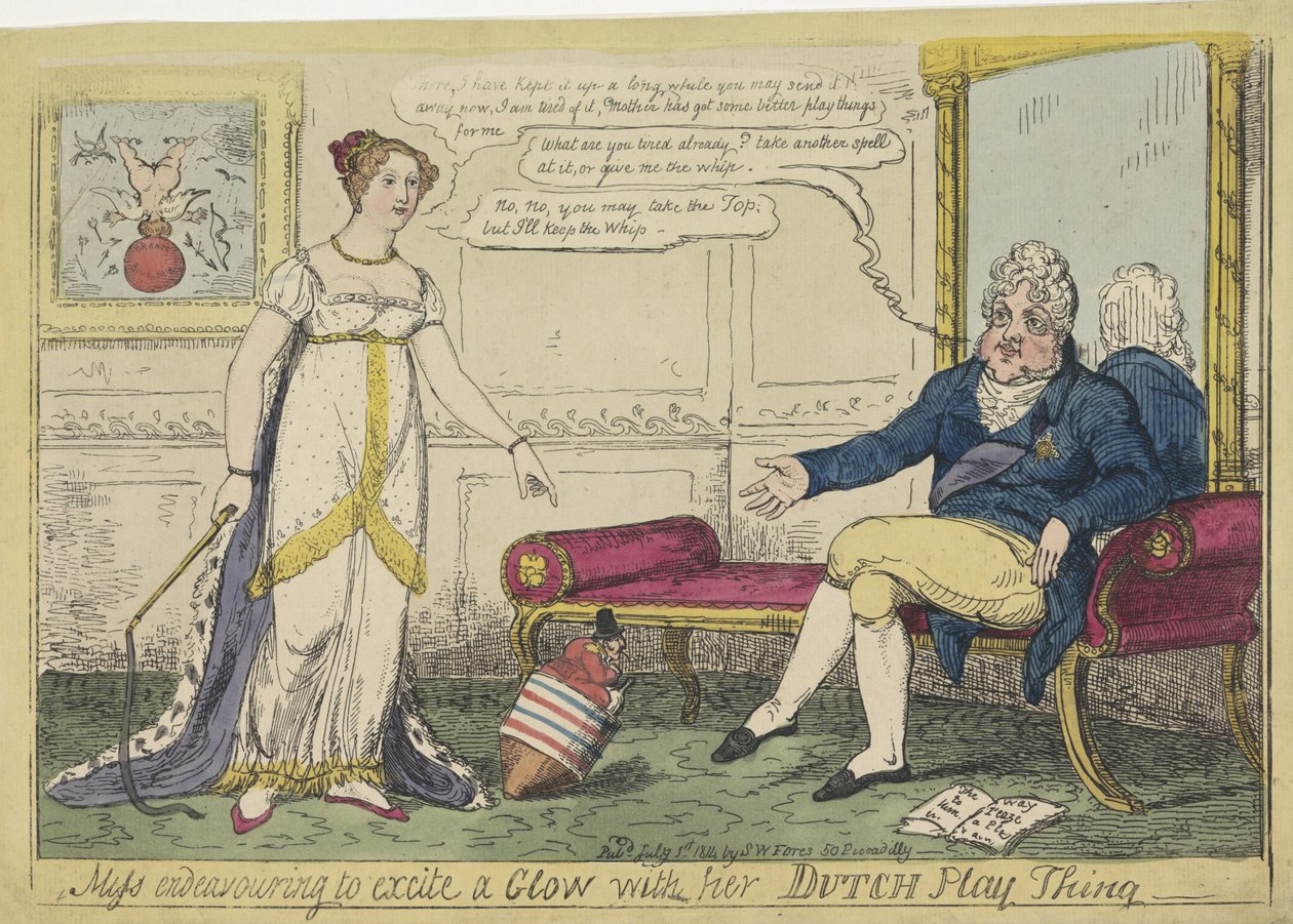 Charlotte hercegnő holland pörgőjével játszott, 1814 Kisasszony arra törekszik, hogy egy Glow-t izgasson holland játékszerével (cím a tárgyon) alkotó: George Cruikshank
