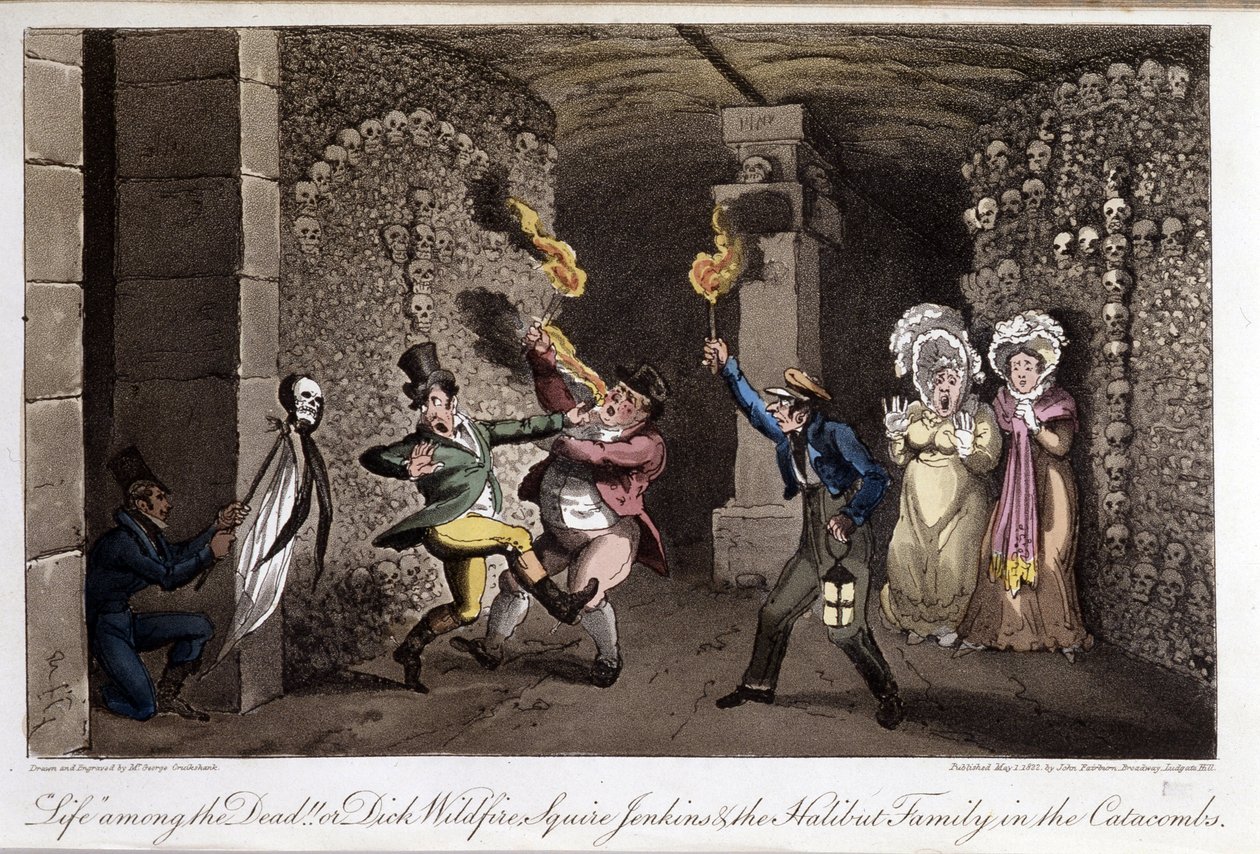 Promenade dans les katacombes – David Carey „” Élet Párizsban” című részében, ill. szerző: George Cruikshank, szerk. Fairburn, London alkotó: George Cruikshank