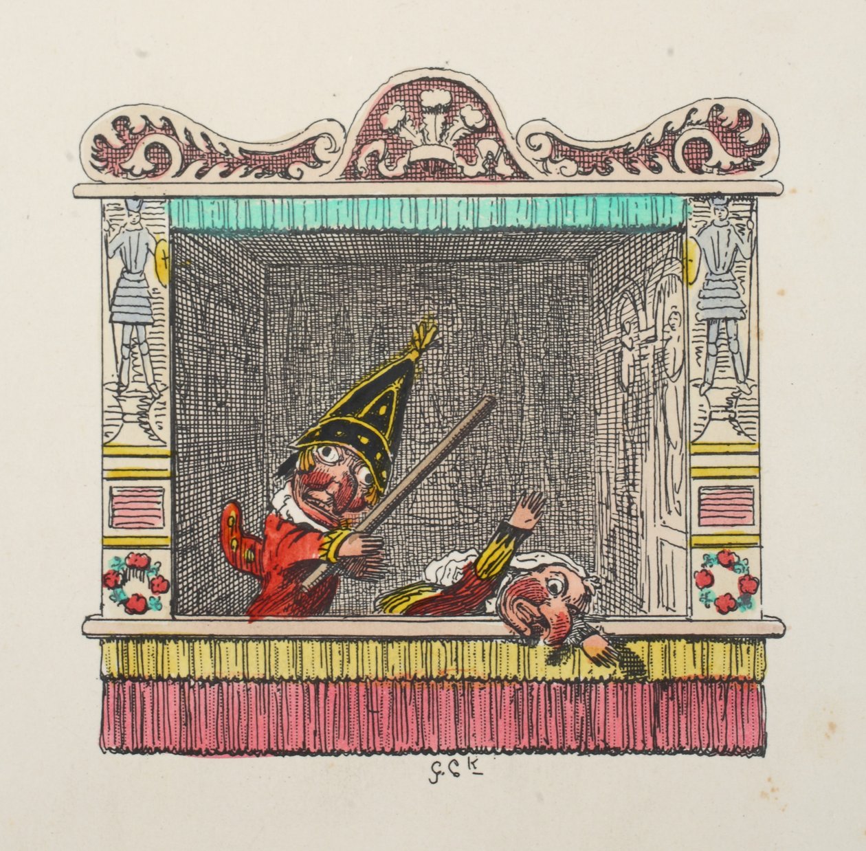 Punch és Judy a Punch and Judy pubból. 1827 (kézzel színezett metszet) alkotó: George Cruikshank