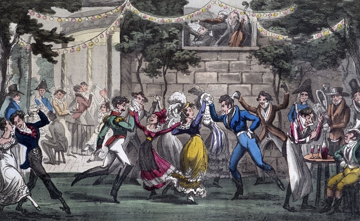 Quadrille a Salon de Marsban, a Champs Elysée-n – David Carey, London "" Life in Paris" című filmjében alkotó: George Cruikshank
