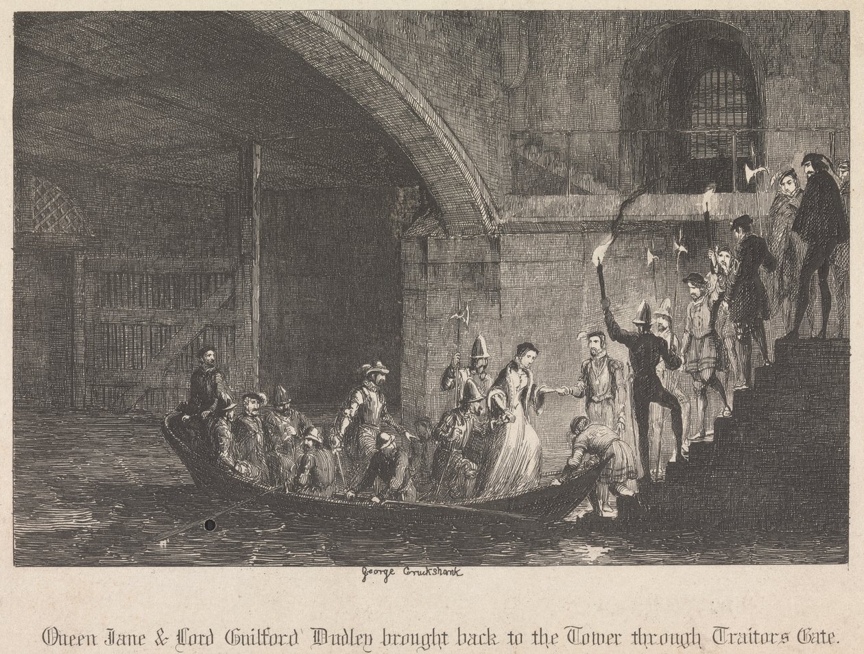 Queen Jane és Lord Guilford Dudley visszahozták a toronyba a Traitors Gate-en keresztül alkotó: George Cruikshank