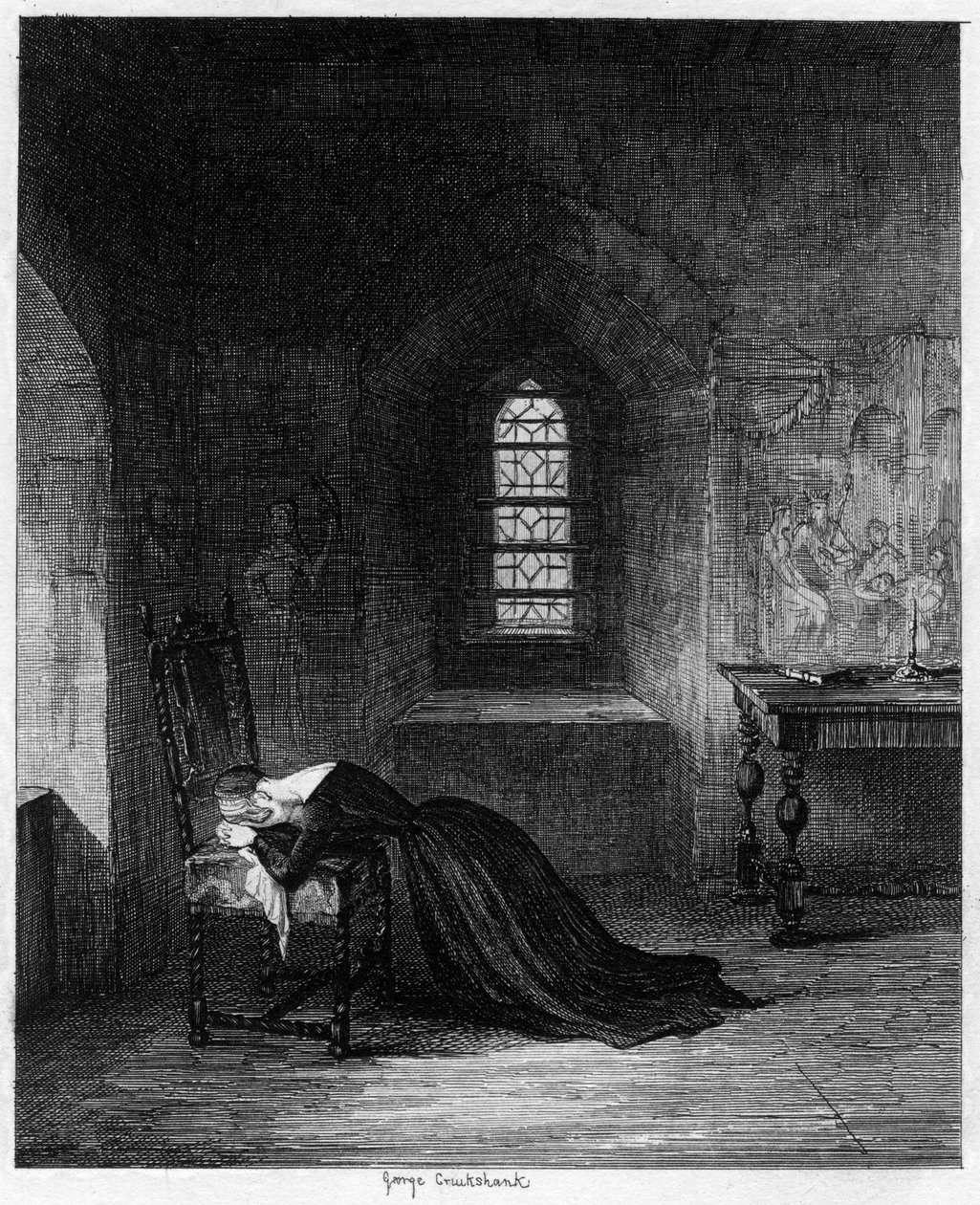 Jane királynő a londoni Tower Brick Tower-ben van bebörtönözve, 1553-1554 1840. alkotó: George Cruikshank