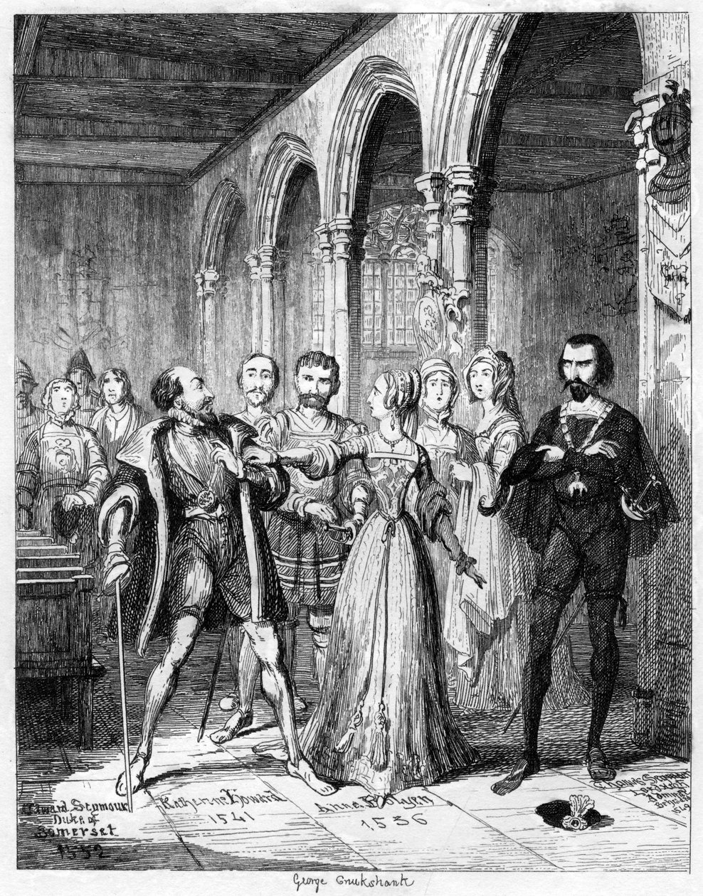 Jane királynő közbeszól Northumberland és Simon Renard között, 1553 1840. alkotó: George Cruikshank