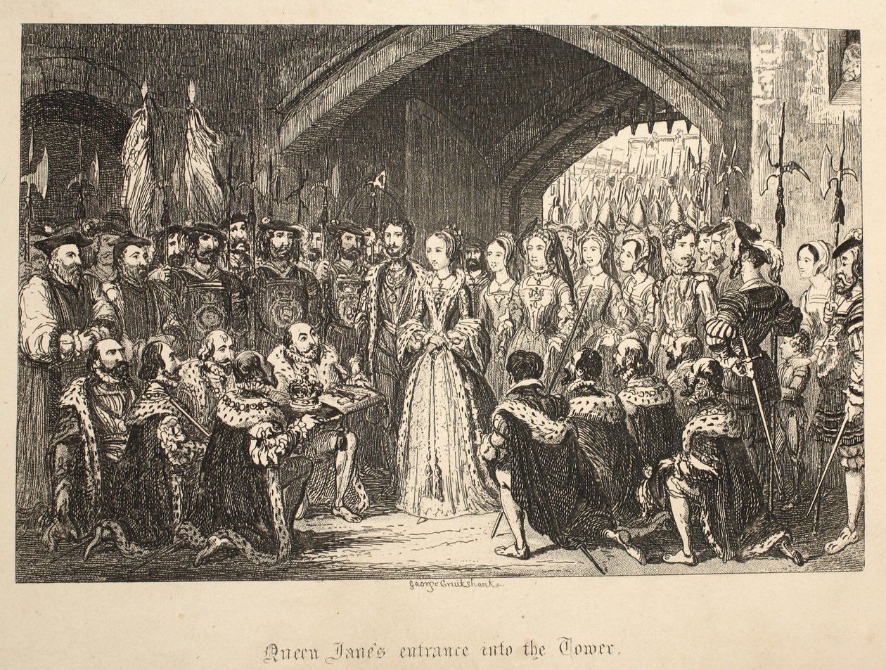 Queen Janes bejárata a Towerbe, a Tower of Londonból, kocsma. 1840 alkotó: George Cruikshank