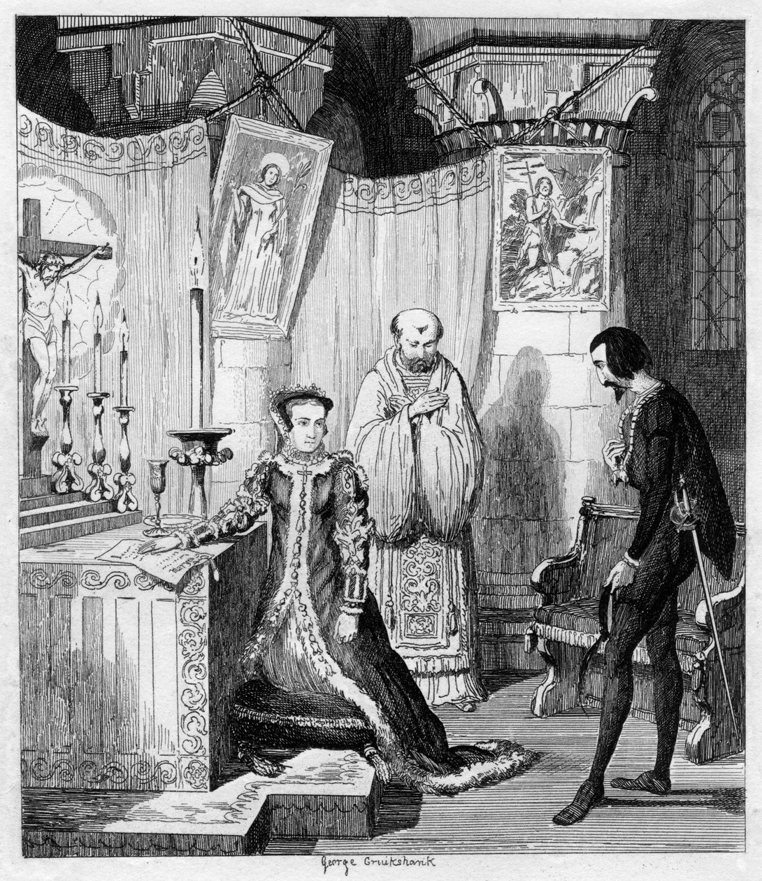 Mária királynő Simon Renard spanyol Fülöphöz kötődésének példájában, 1840 alkotó: George Cruikshank