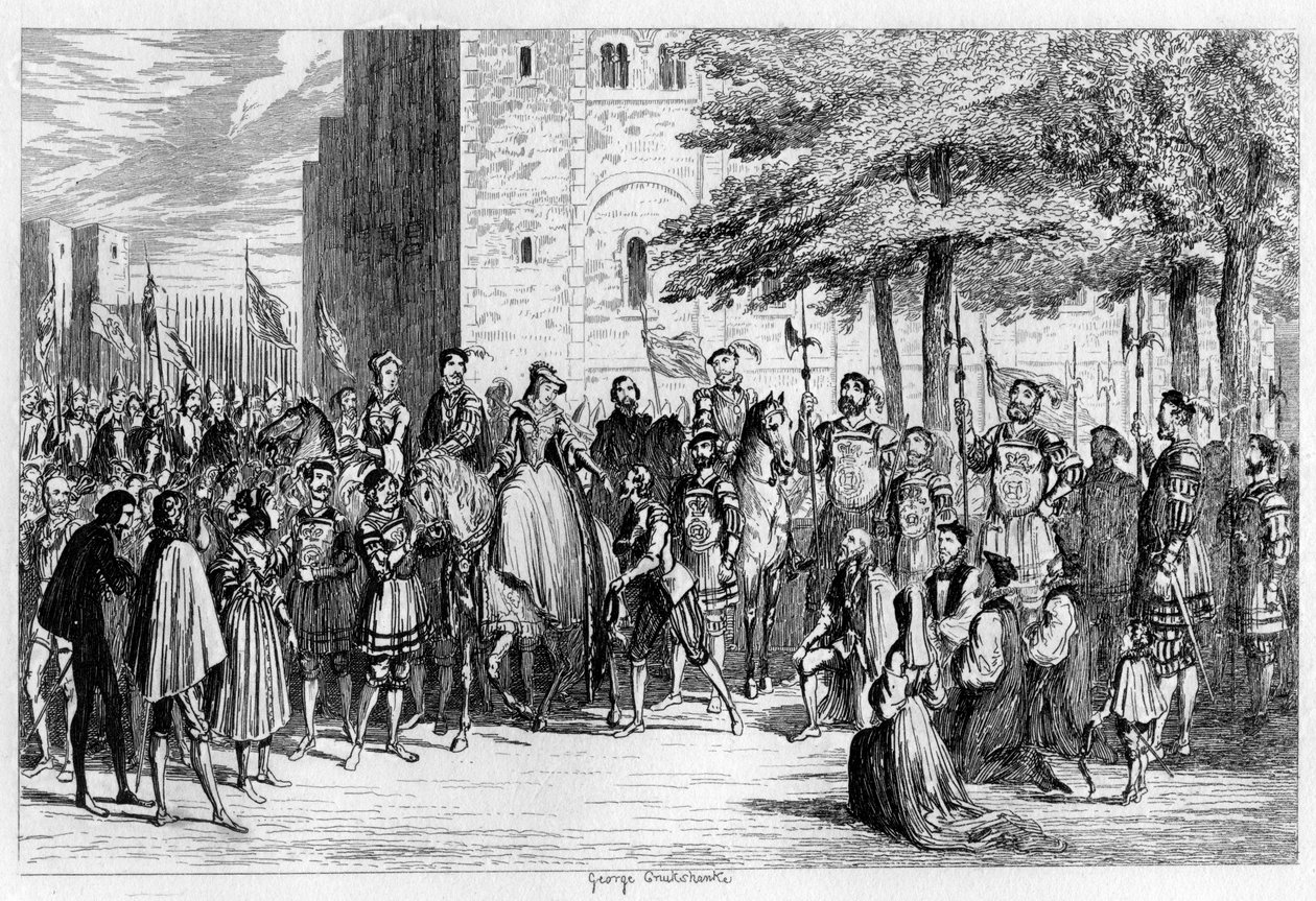 Mária királynő fogadja a foglyokat a Tower Greenen, 1553 1840 alkotó: George Cruikshank