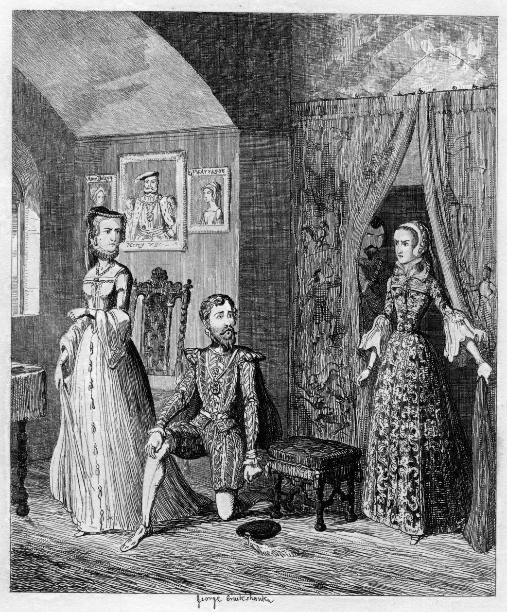 Mária királynő meglepte Courtenayt és Erzsébet hercegnőt, 1553-1555 1840 alkotó: George Cruikshank