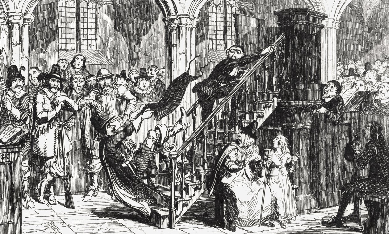Holdenough tiszteletes szolgálat közben, Sir Walter Scott (1771-1832) 1845-ben megjelent „Woodstock” illusztrációja alkotó: George Cruikshank