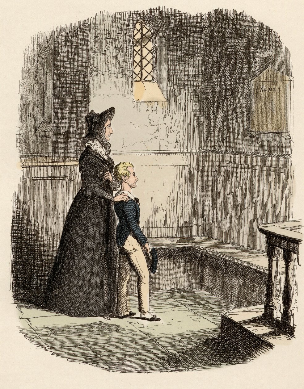 Rose Maylie és Oliver Ágnes, nővérük és édesanyjuk emléktáblája előtt – Rose Maylie és Oliver – Illusztráció: „” Oliver Twist”” (Olivier) (Twist Oliver kalandjai), Charles Dickens (1812-1870), szerző: George Cruikshank (179 alkotó: George Cruikshank