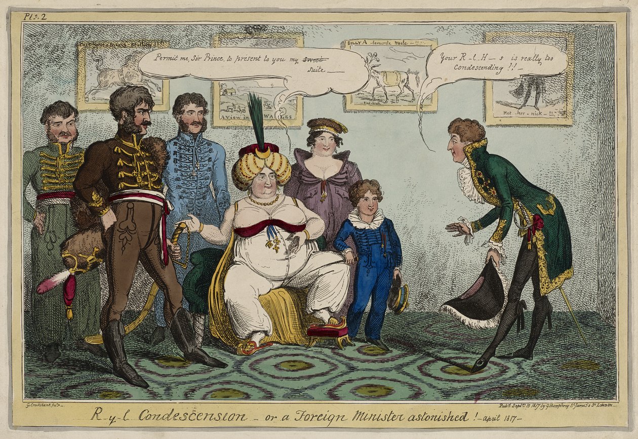 Királyi leereszkedés vagy: Meglepett külügyminiszter! - 1817. április -, szeptember 15 alkotó: George Cruikshank