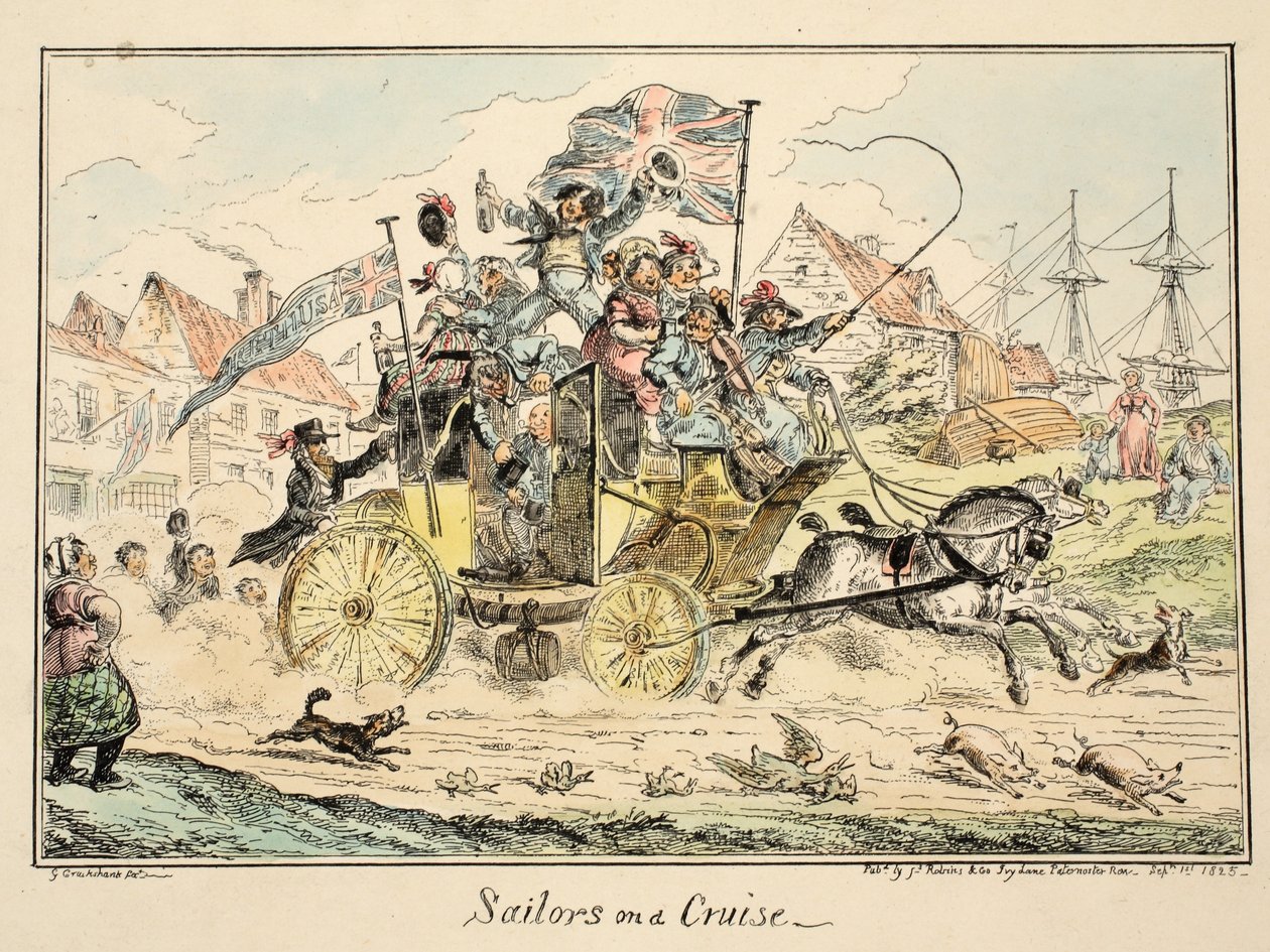 Tengerészek egy hajóúton, a greenwichi kórházból, egy sor tengerészeti vázlat, egy hadifogoly életének leírása, pub. 1826 (kézi színes metszet) alkotó: George Cruikshank
