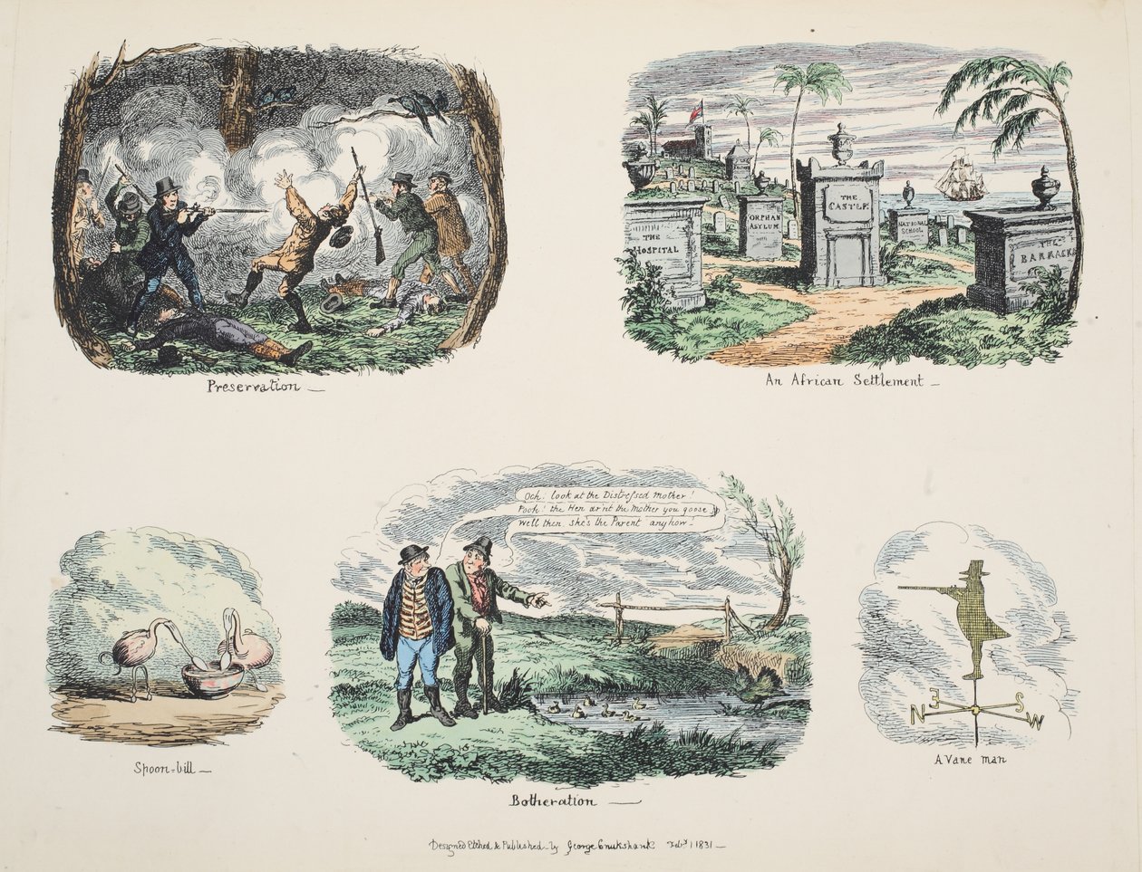Töredékek és vázlatok: megőrzés, afrikai telep, kanálcsőrű, zavarás, lapátos ember, kocsma. 1831 (kézzel színezett metszet) alkotó: George Cruikshank