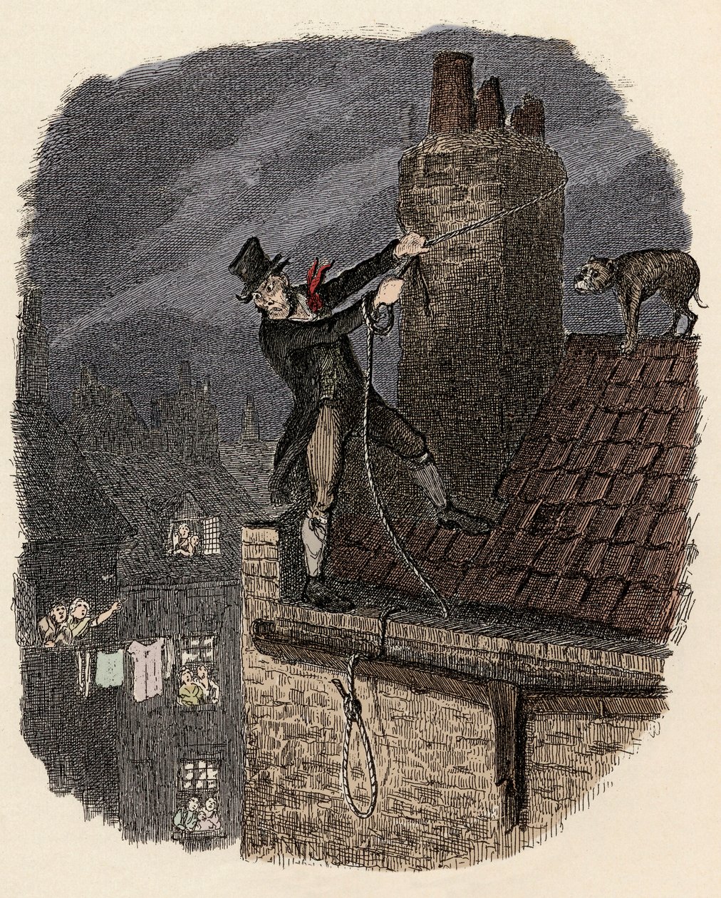Sikes, nyomában a kutyája, megpróbál szökni - Az utolsó esély - Illusztráció a „” Oliver Twist”-hez” (Olivier) (Twist Oliver kalandjai), Charles Dickens (1812-1870), George Cruikshank (1792-1878) . alkotó: George Cruikshank