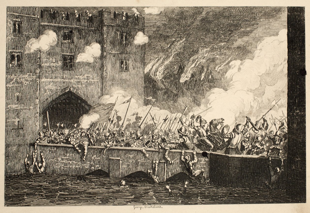 Sir Thomas Wyatt megtámadja a By Ward Towert a Tower of London pubjából. 1840 alkotó: George Cruikshank
