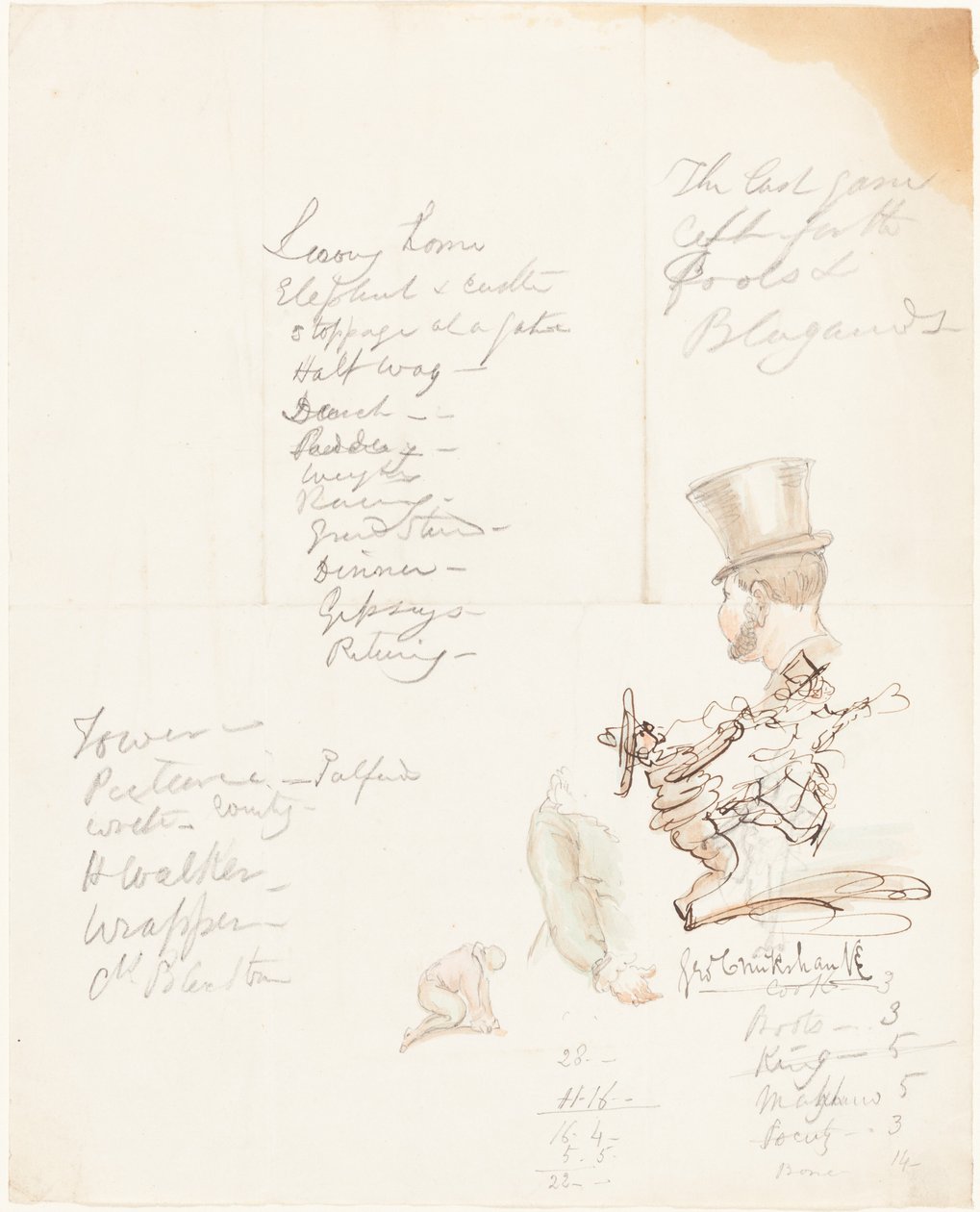 Fej, kar és térdelő ábra vázlatai alkotó: George Cruikshank