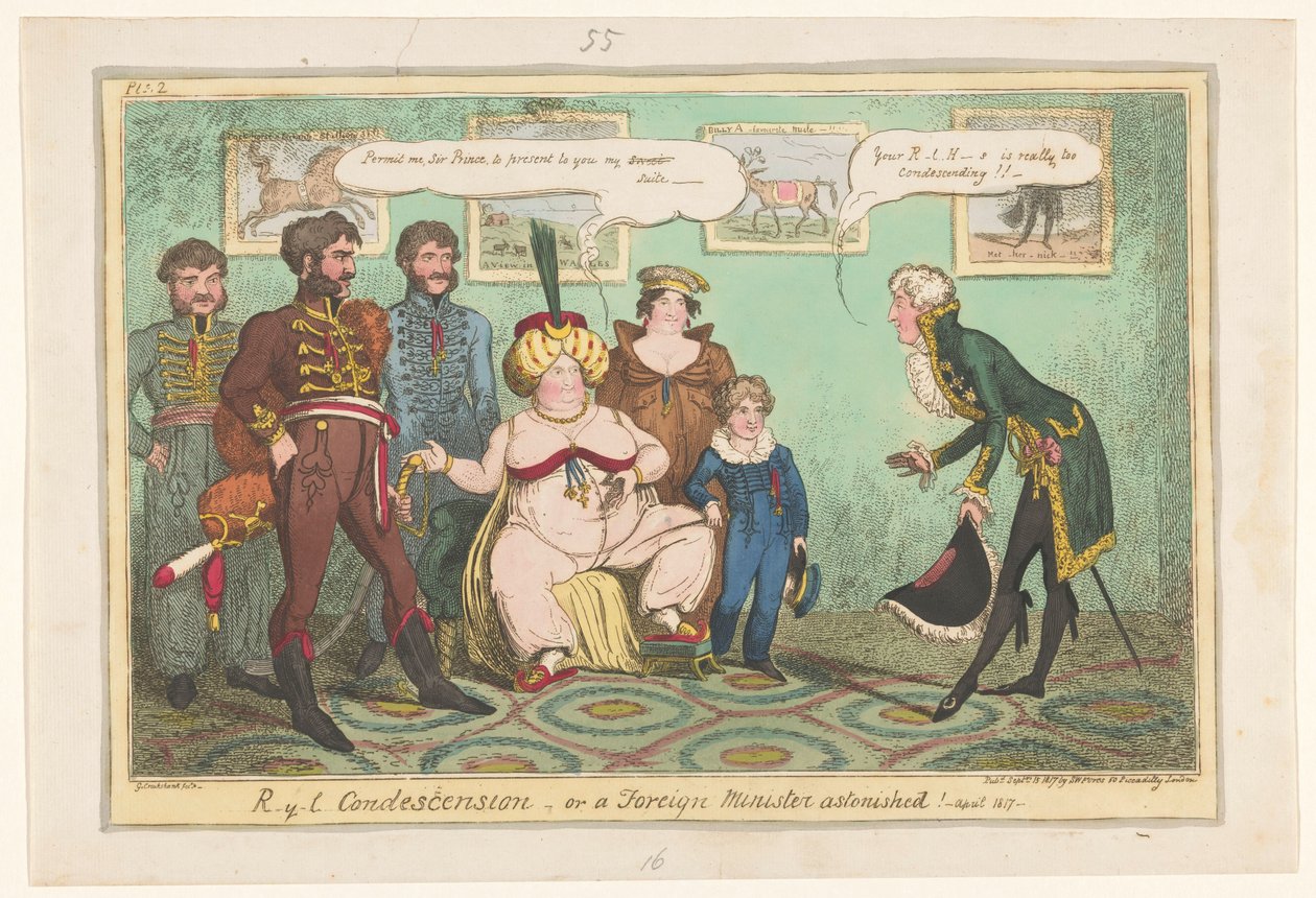 Spotprent op prinses Caroline, 1817 R-y-l Leereszkedés vagy egy külügyminiszter elképedve! alkotó: George Cruikshank