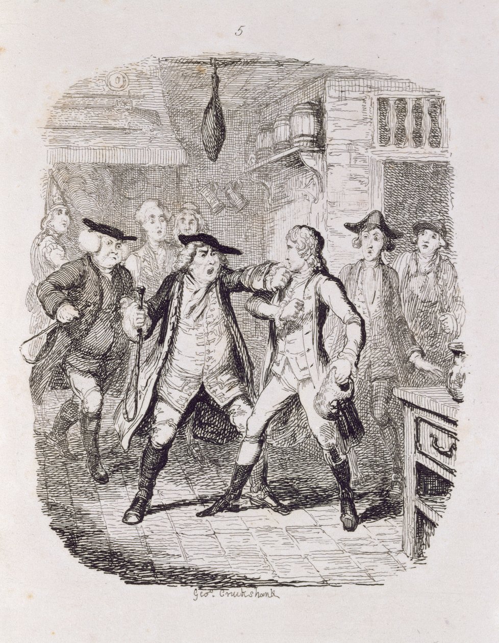 Squire Western megragadja Jones-t Uptonban, a „Tom Jones, az egy találó története” című filmből, a művész vésette, illusztráció a „Henry Fielding művei”, kocsma. Henry G. Bohn, 1853 alkotó: George Cruikshank