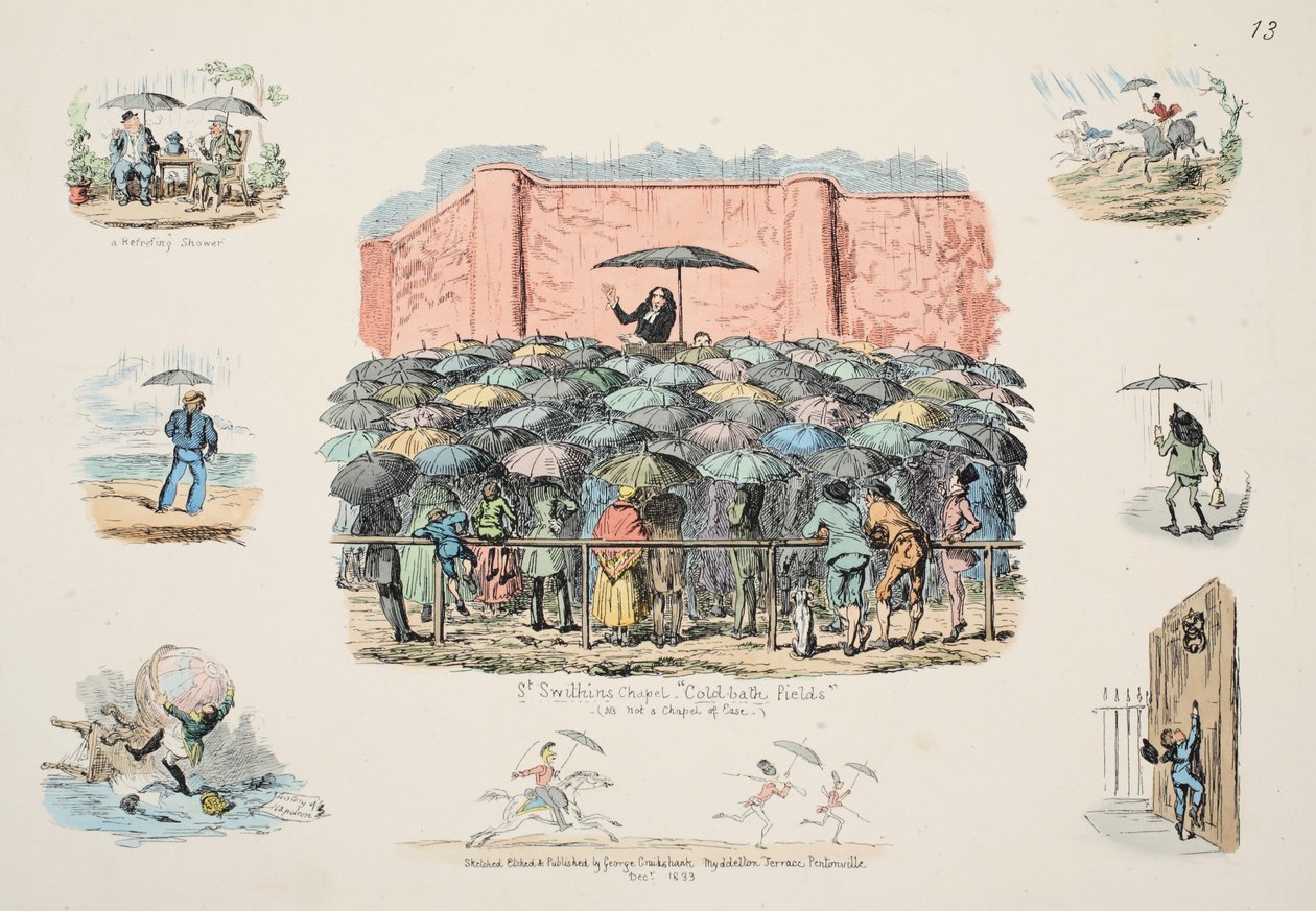 St Swithuns Chapel Hidegfürdő mezők, kocsma. 1833 (kézzel színezett metszet) alkotó: George Cruikshank