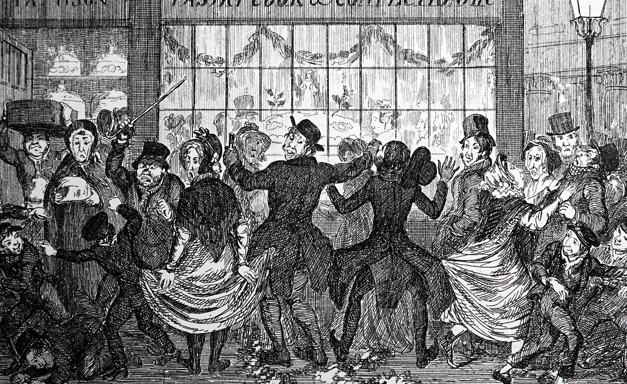 Utcai sünök pusztítást okoztak a tömegben egy cukrászda és cukrászda előtt a tizenkettedik éjszakán alkotó: George Cruikshank
