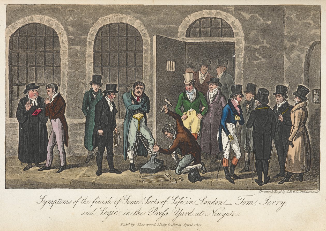 Az „egyes életfajták” befejezésének tünetei – Tom, Jerry és Logic a Newgate-i Press Yardban, „Élet Londonban stb.”, Pierce Egan alkotó: George Cruikshank