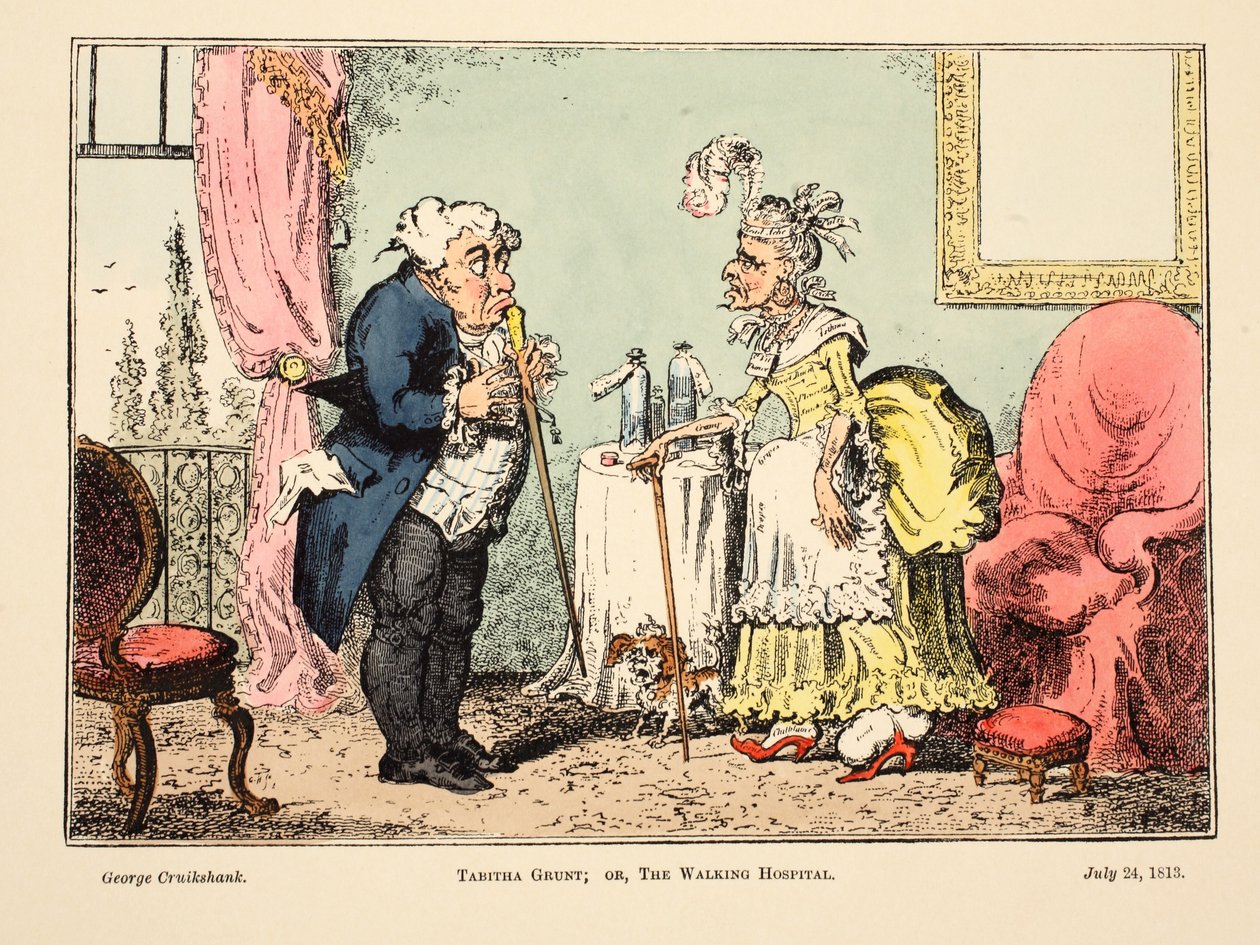 Tabitha Grunt; avagy a Sétáló kórház, pub. 1813 (kézi színes metszet) alkotó: George Cruikshank