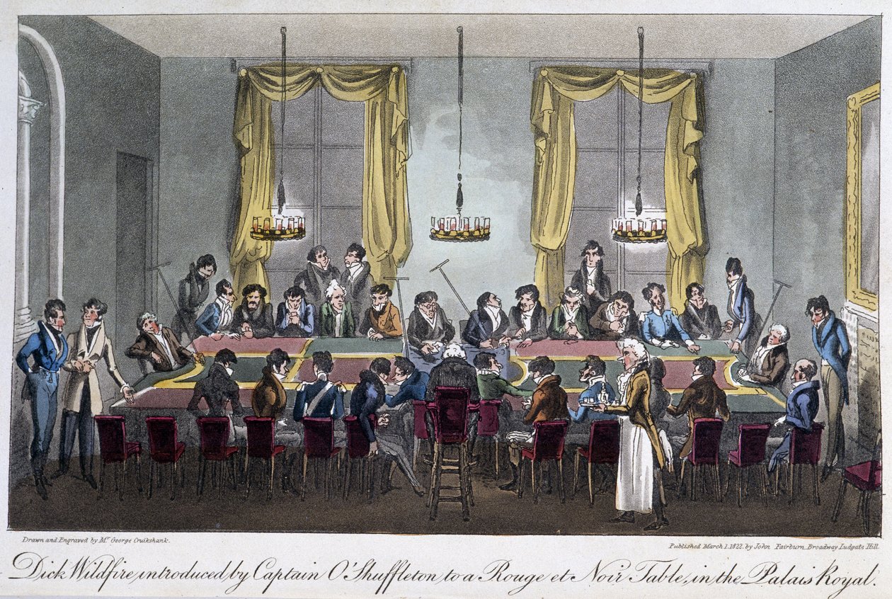 Játékasztal a Palais Royalban – David Carey, London „” Life in Paris” című könyvében alkotó: George Cruikshank