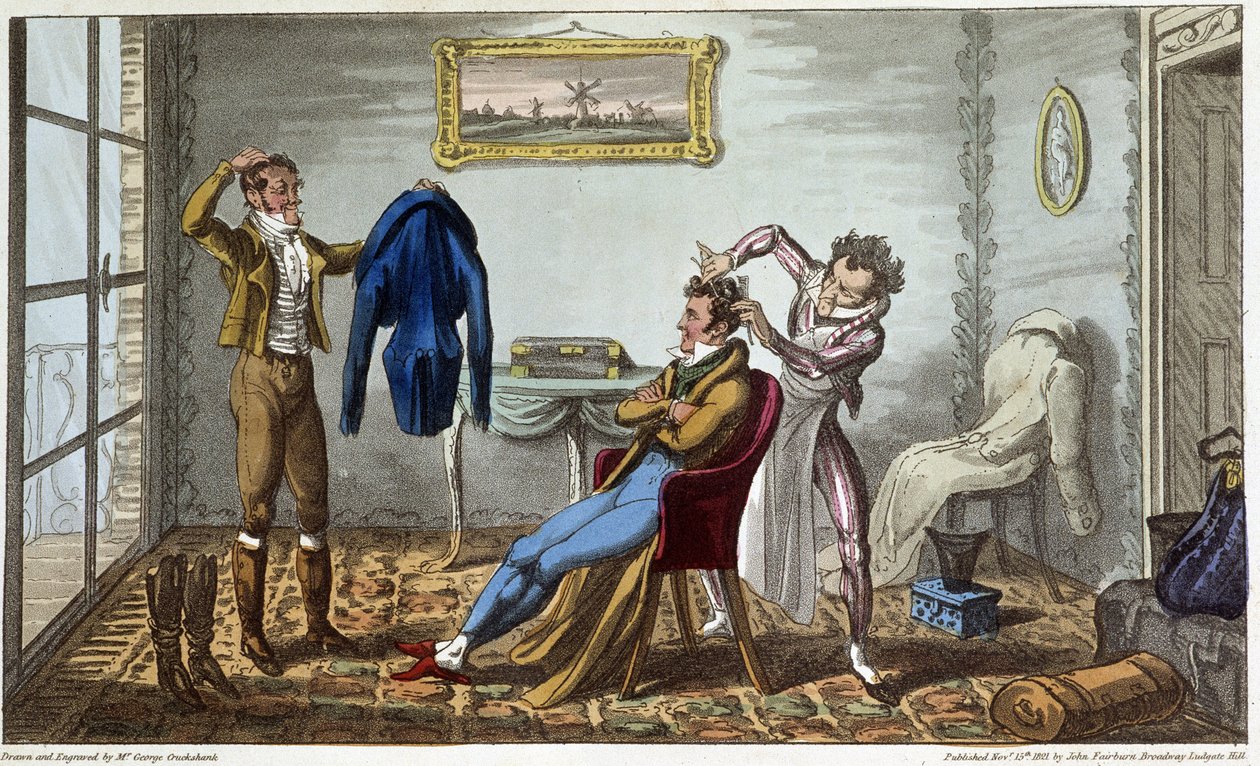 Tailleur et coiffeur à domicile - David Carey „" Élet Párizsban" című részében, ill. szerző: George Cruikshank, szerk. Fairburn, London alkotó: George Cruikshank