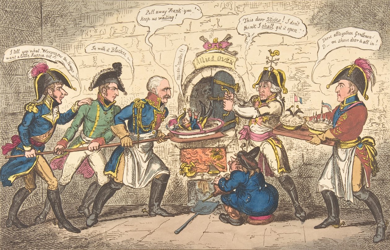 A szövetséges pékek vagy a korzikai varangy a lyukban, 1814. április 1., 1814. április 1. alkotó: George Cruikshank