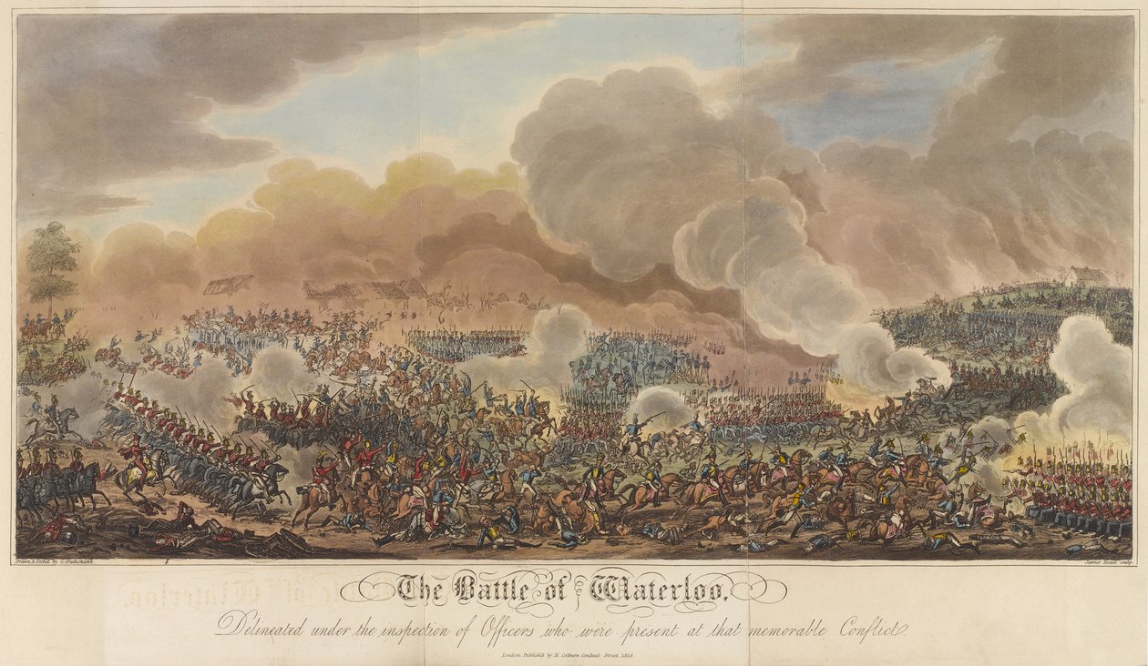 A waterlooi csata, a "Történelmi beszámoló a waterlooi csatáról" című műből, 1817 (színes akvatinta) alkotó: George Cruikshank