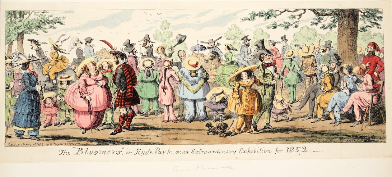 The Bloomers in Hyde Park or An Extraordinary Exhibition for 1852, pub. 1852 (kézi színes metszet) alkotó: George Cruikshank