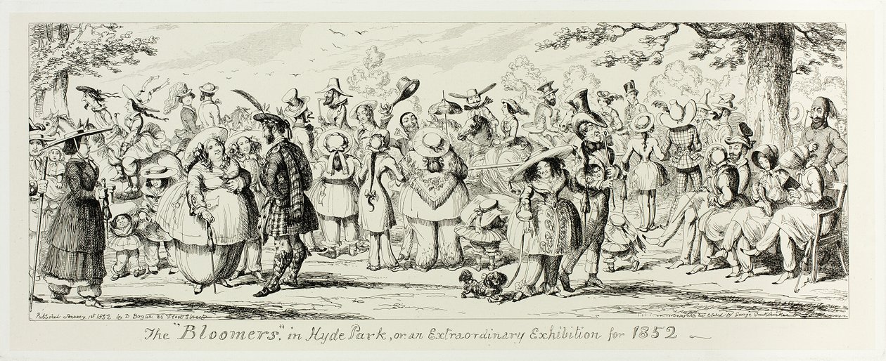 A "Bloomers" a Hyde Parkban, avagy egy rendkívüli kiállítás 1852-re George Cruikshank acélmetszeteitől a The Comic Almanacksig: 1835-1853 alkotó: George Cruikshank