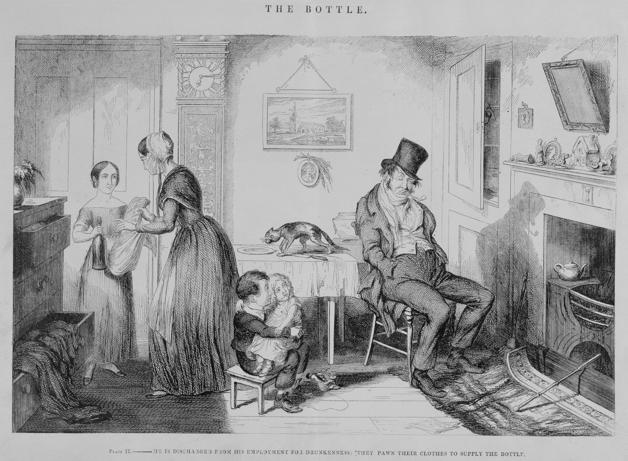 Az üveg, II. tábla, Részegség miatt elbocsátják az állásából: elzálogosítják a ruhájukat, hogy az üveget pótolják, 1847. alkotó: George Cruikshank