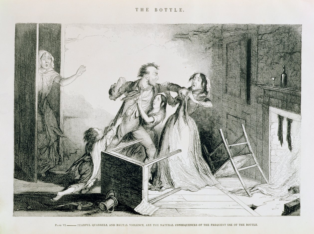 A palack, VI. tányér, Félelmetes veszekedések és brutális erőszak a palack gyakori használatának természetes következményei, 1847 alkotó: George Cruikshank