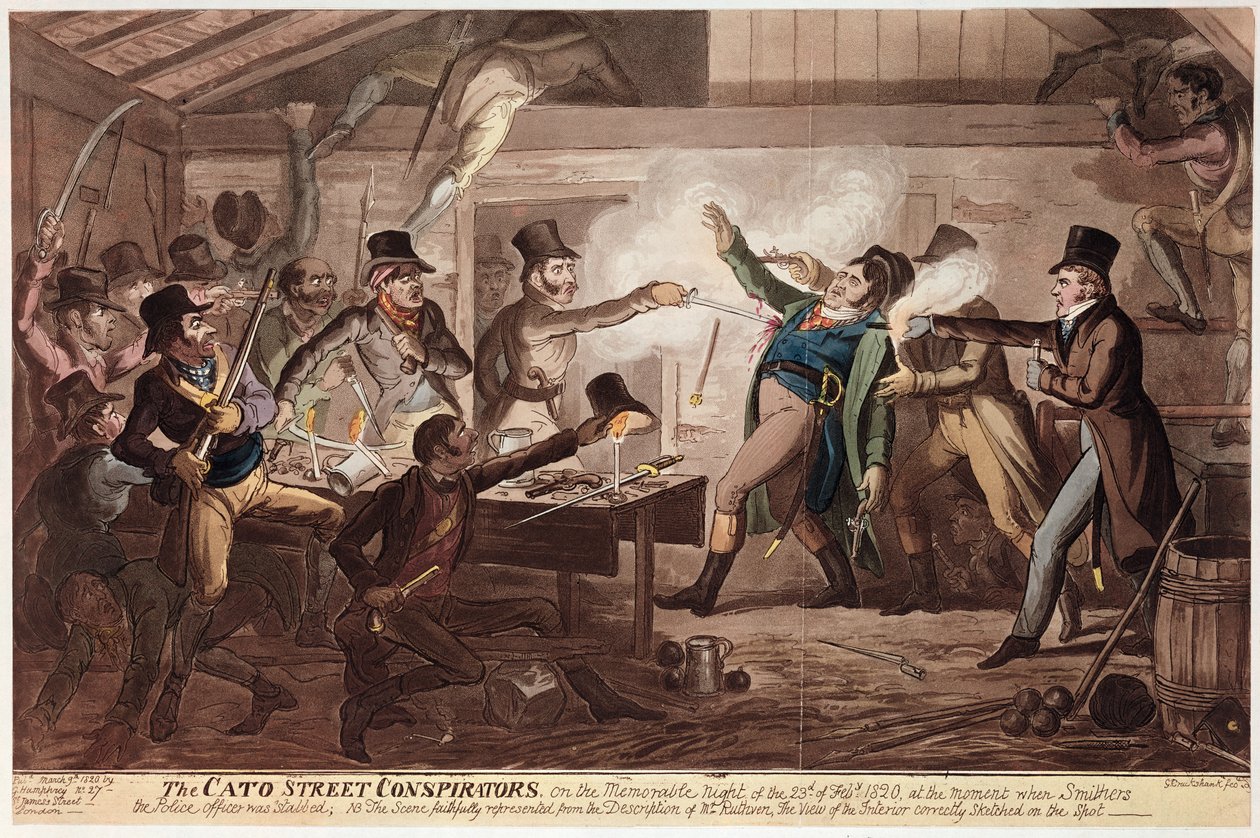 A Cato utcai összeesküvők, kocsma. G. Humphrey, 1820. március 9. (színes litó) alkotó: George Cruikshank
