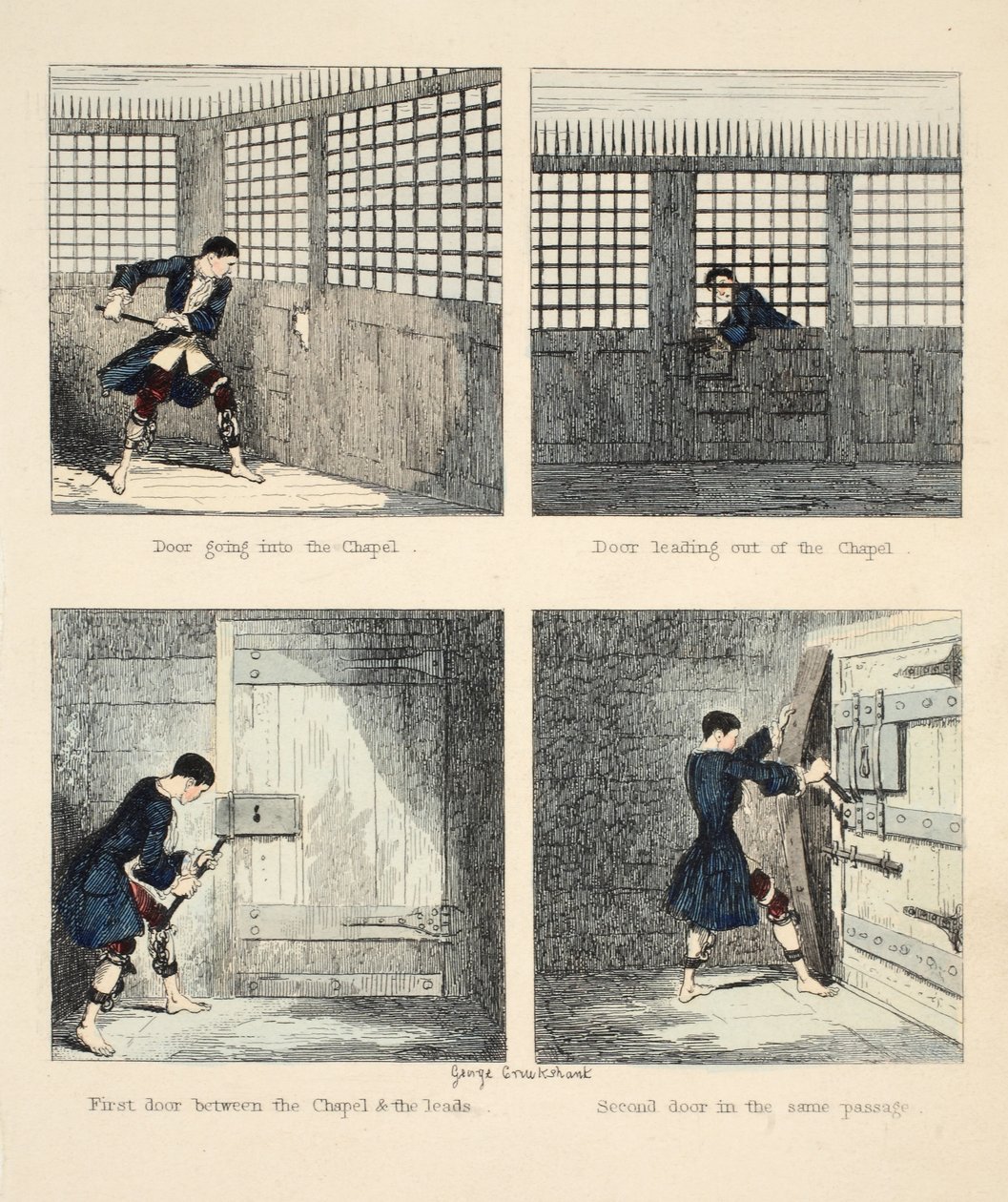 The Escape No. 2, illusztráció: Jack Sheppard: A romance, William Harrison Ainsworth, pub. 1839 (kézzel színezett metszet) alkotó: George Cruikshank