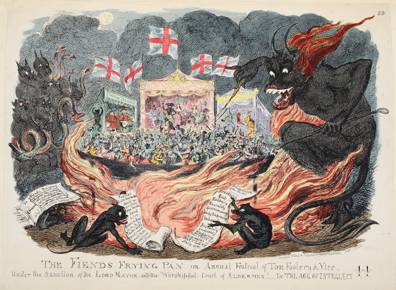 A Fiends Frying Pan vagy a Tom Foolery & Vice éves fesztiválja, pub. 1832 (kézzel színezett metszet) alkotó: George Cruikshank