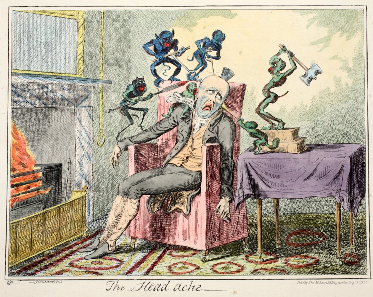 A fejfájás, pub. 1835 (kézi színes metszet) alkotó: George Cruikshank
