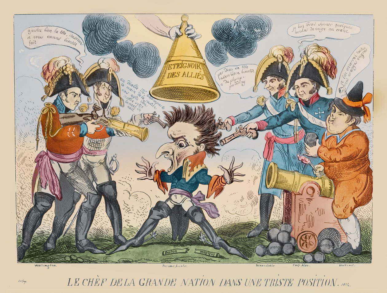 A nagy nemzet feje furcsa helyzetben, 1813 (kézzel színezett rézkarc) alkotó: George Cruikshank