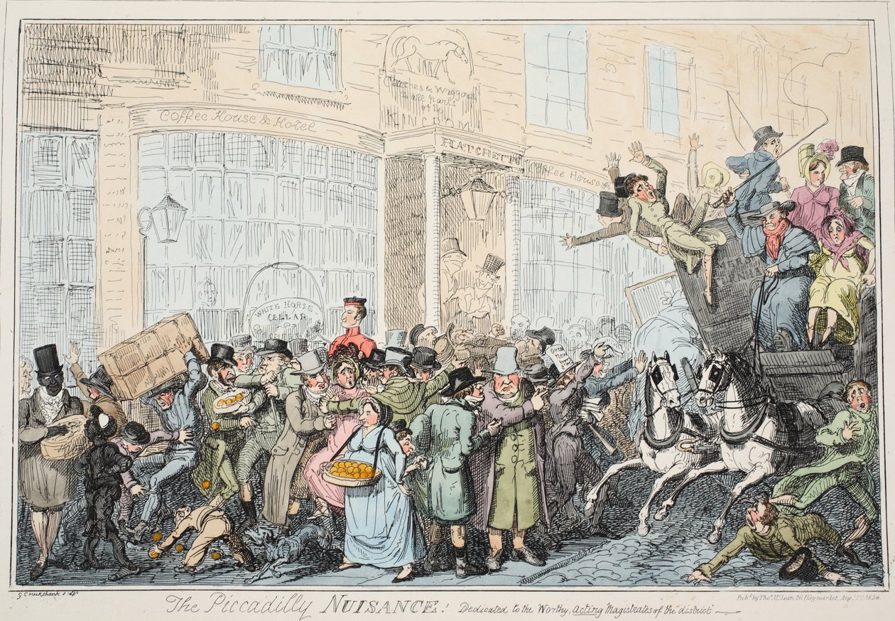A Piccadily Nuisance, pub. 1936 (kézzel színezett metszet) alkotó: George Cruikshank