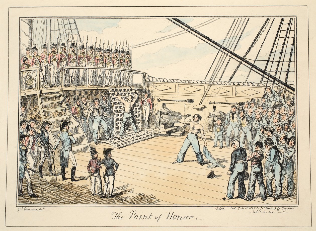 The Point of Honor, Greenwich Hospital, haditengerészeti vázlatok sorozata, Egy háborús ember életének leírása, kocsma. 1825 (kézzel színezett metszet) alkotó: George Cruikshank