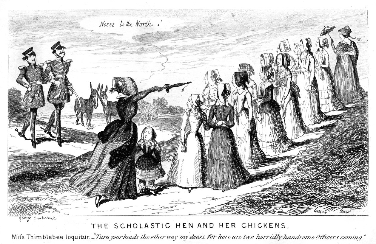 A skolasztikus tyúk és csirkék, 19. század. alkotó: George Cruikshank