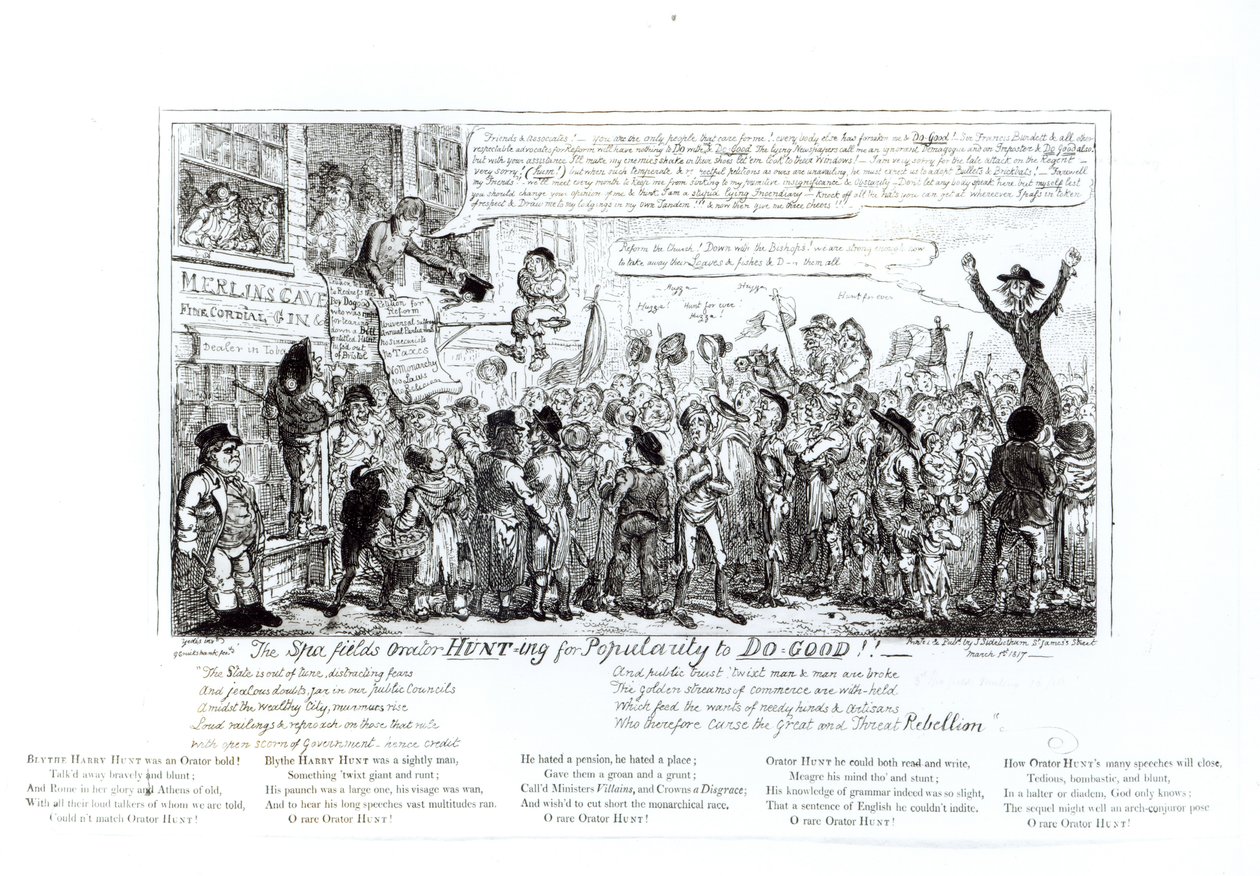 The Spa Fields Orator Vadászat a népszerűségért, hogy jót tegyen!!, pub. J. Sidebotham, 1817 alkotó: George Cruikshank
