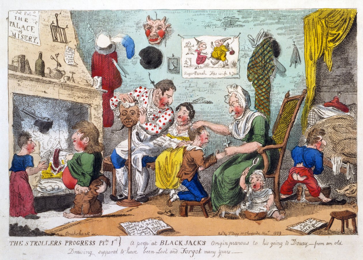 The Strollers Progress Plate 1, egy kukucskálás a Black Jacks eredetéről Going to Douay, pub előtt. 1809 (kézzel színezett rézkarc) alkotó: George Cruikshank