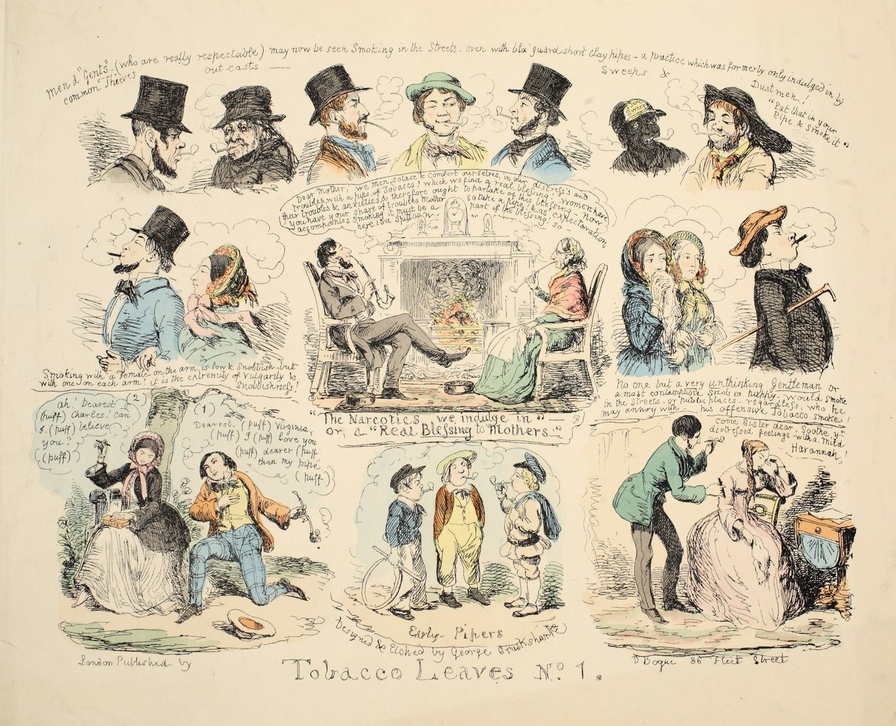 Dohánylevelek 1. sz., pub. 1851 (kézzel színezett metszet) alkotó: George Cruikshank