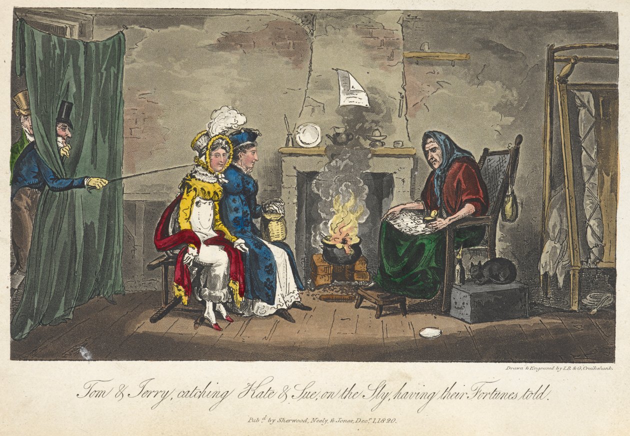 Tom és Jerry ravaszságból elkapják Kate és Sue-t, és a szerencséjüket elmesélik: "Élet Londonban stb.", Pierce Egan alkotó: George Cruikshank