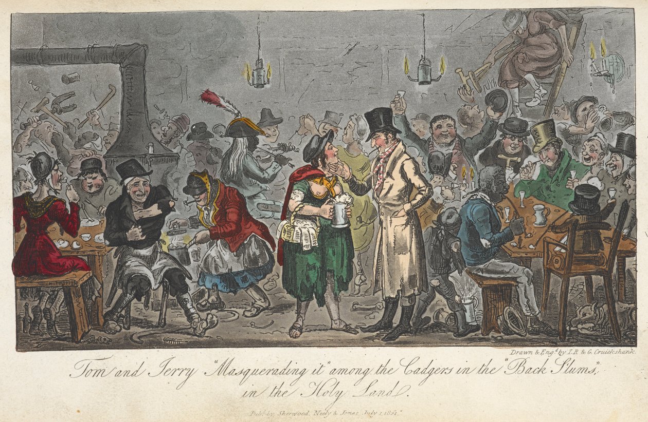 Tom és Jerry „álarcoskodni” a „fekete nyomornegyedekben”, a Szentföldön, „Élet Londonban stb.”, Pierce Egan alkotó: George Cruikshank